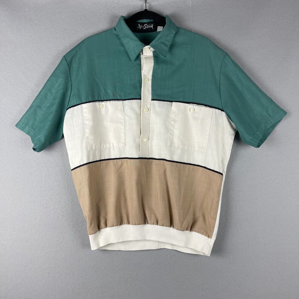 Vintage Alan Stuart Polo Men Shirt Large Banded Retro Bowling Grandpa Rockabilly